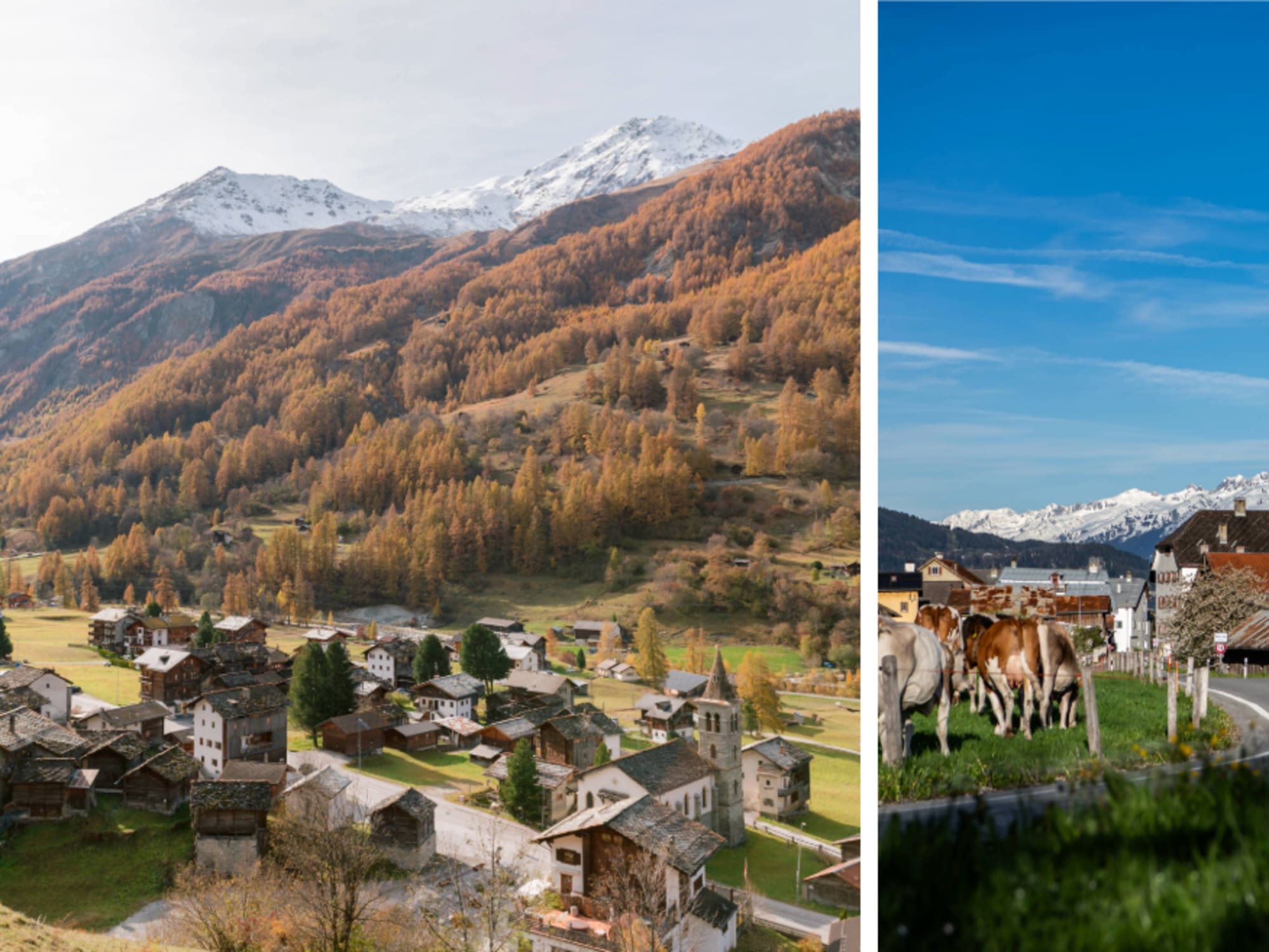 Foto der Dörfer Evolène (links) und Valendas (rechts)