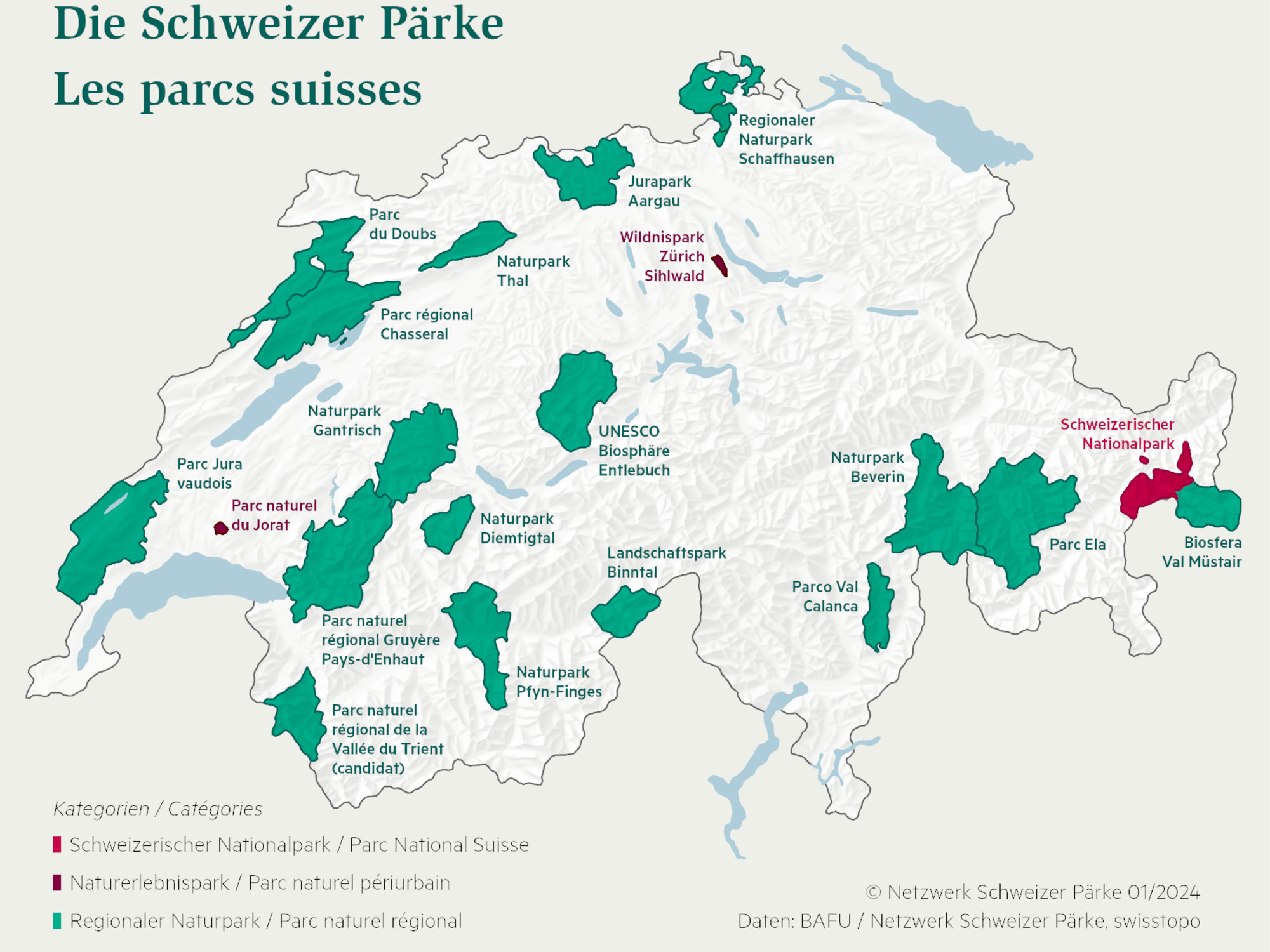 Schweizer Karte mit eingezeichneten Schweizer Pärken