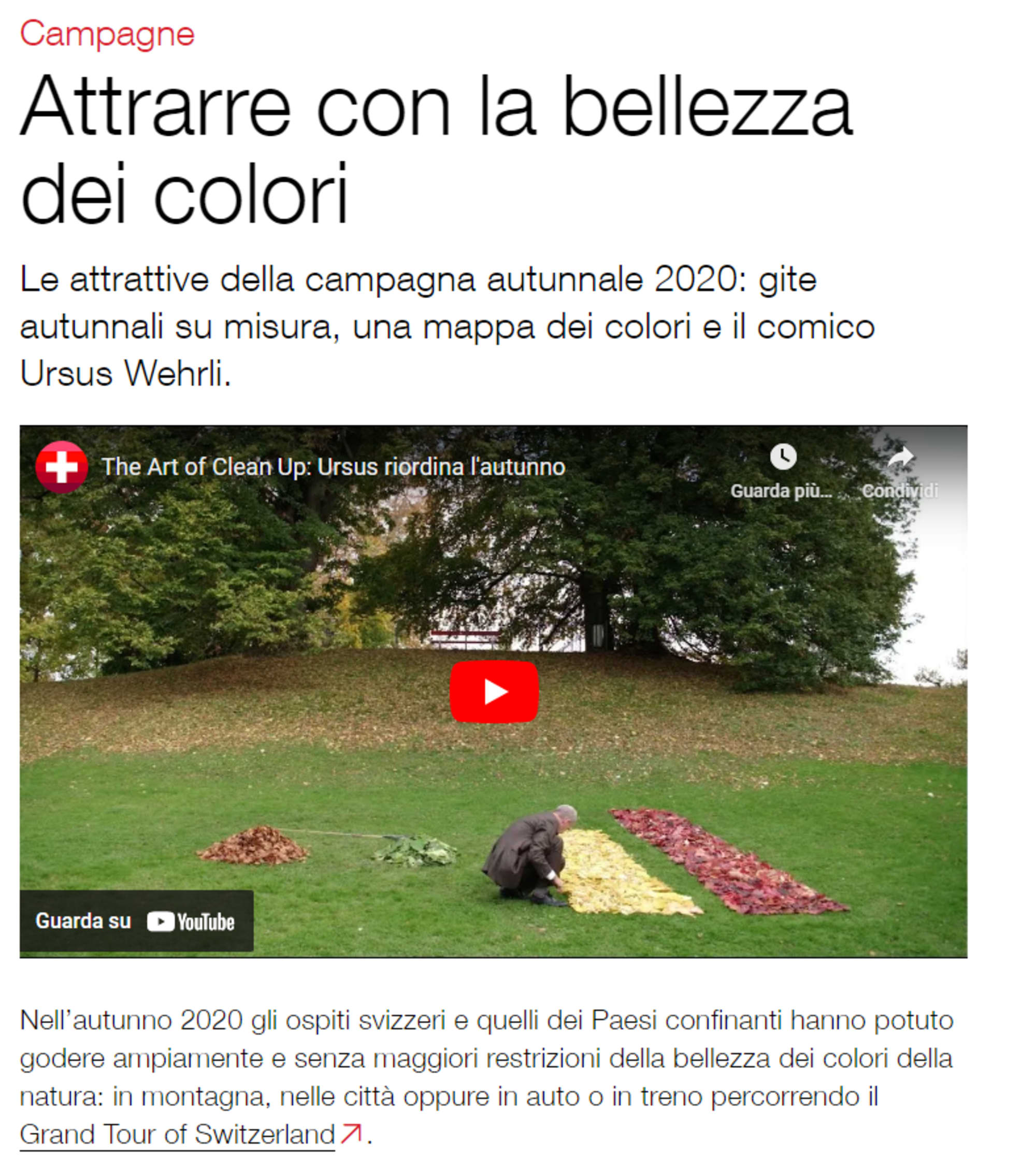 Schermata di un contributo alla campagna autunnale 2020 di Svizzera Turismo