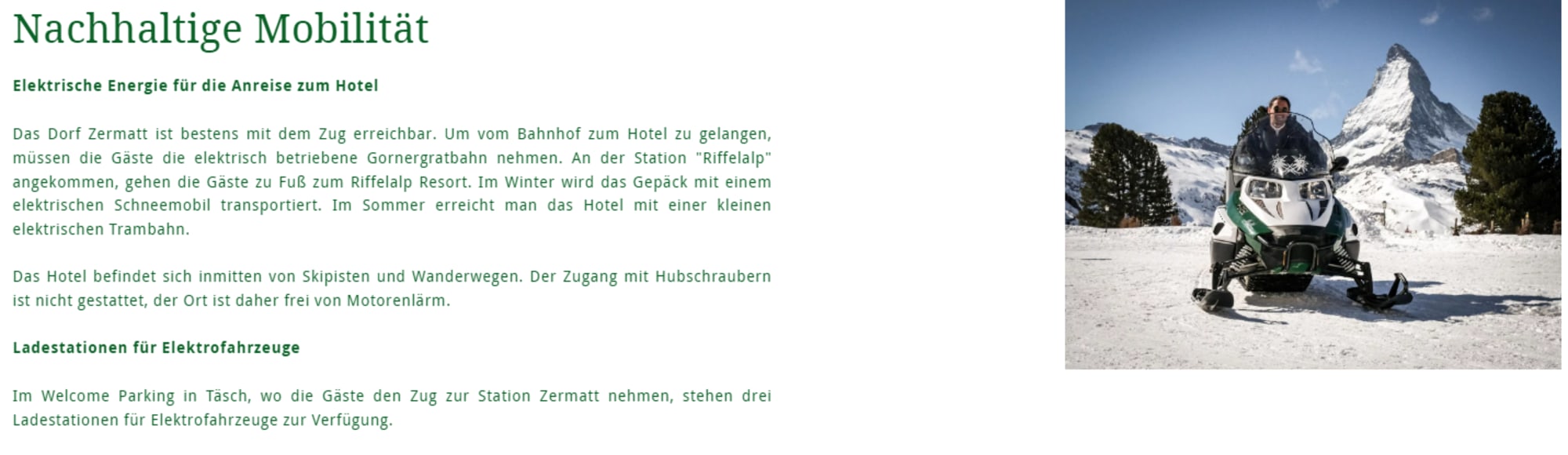 Screenshot der Nachhaltigkeits-Website des Hotel Riffelalp Resort