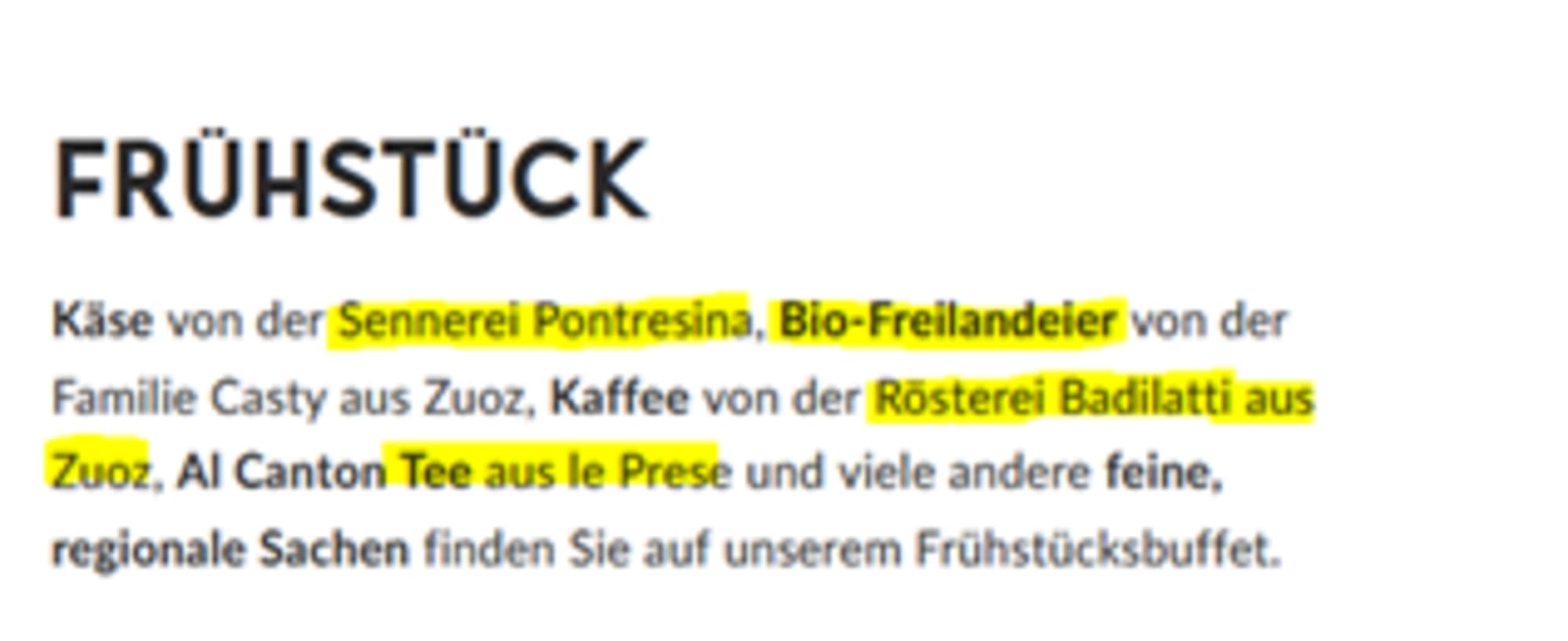 Screenshot der Speisekarte der Belvedere Hotelfamilie