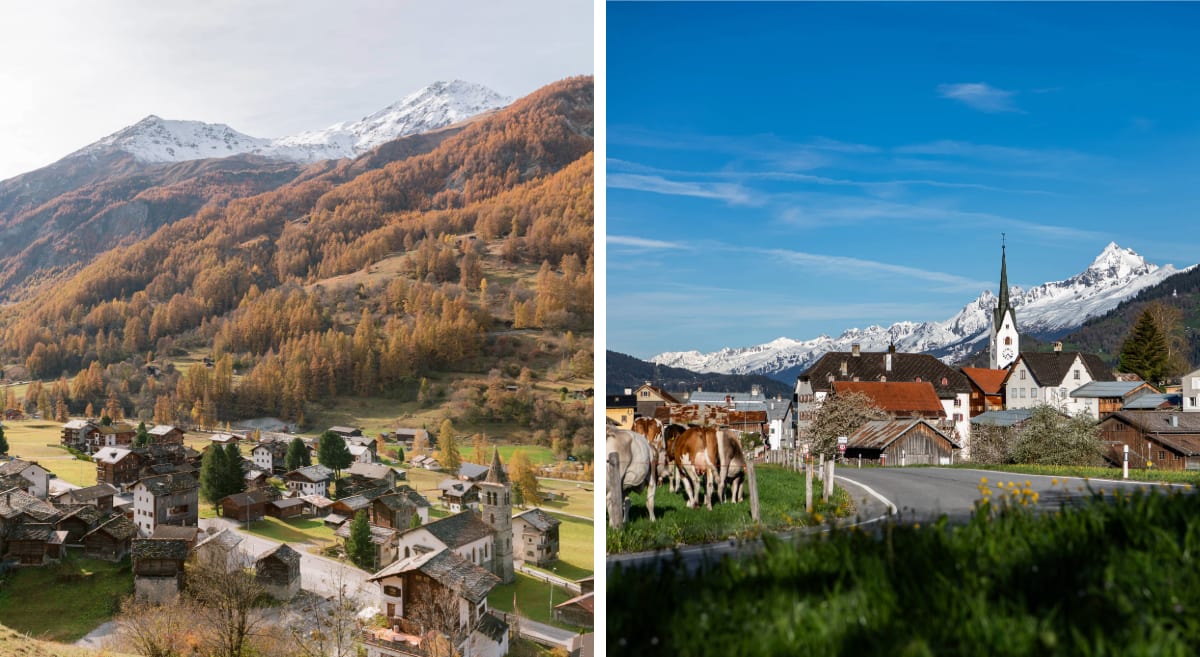 Foto dei borghi di Evolène (a sinistra) e Valendas (a destra)