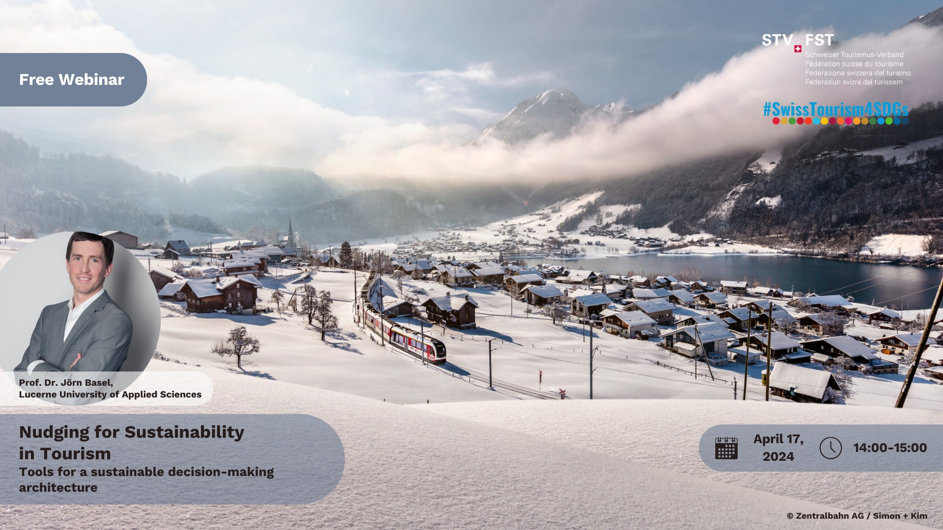 Key Visual des Webinars: Bild Lungerersee mit der Zentralbahn unterwegs durch die winterliche Landschaft