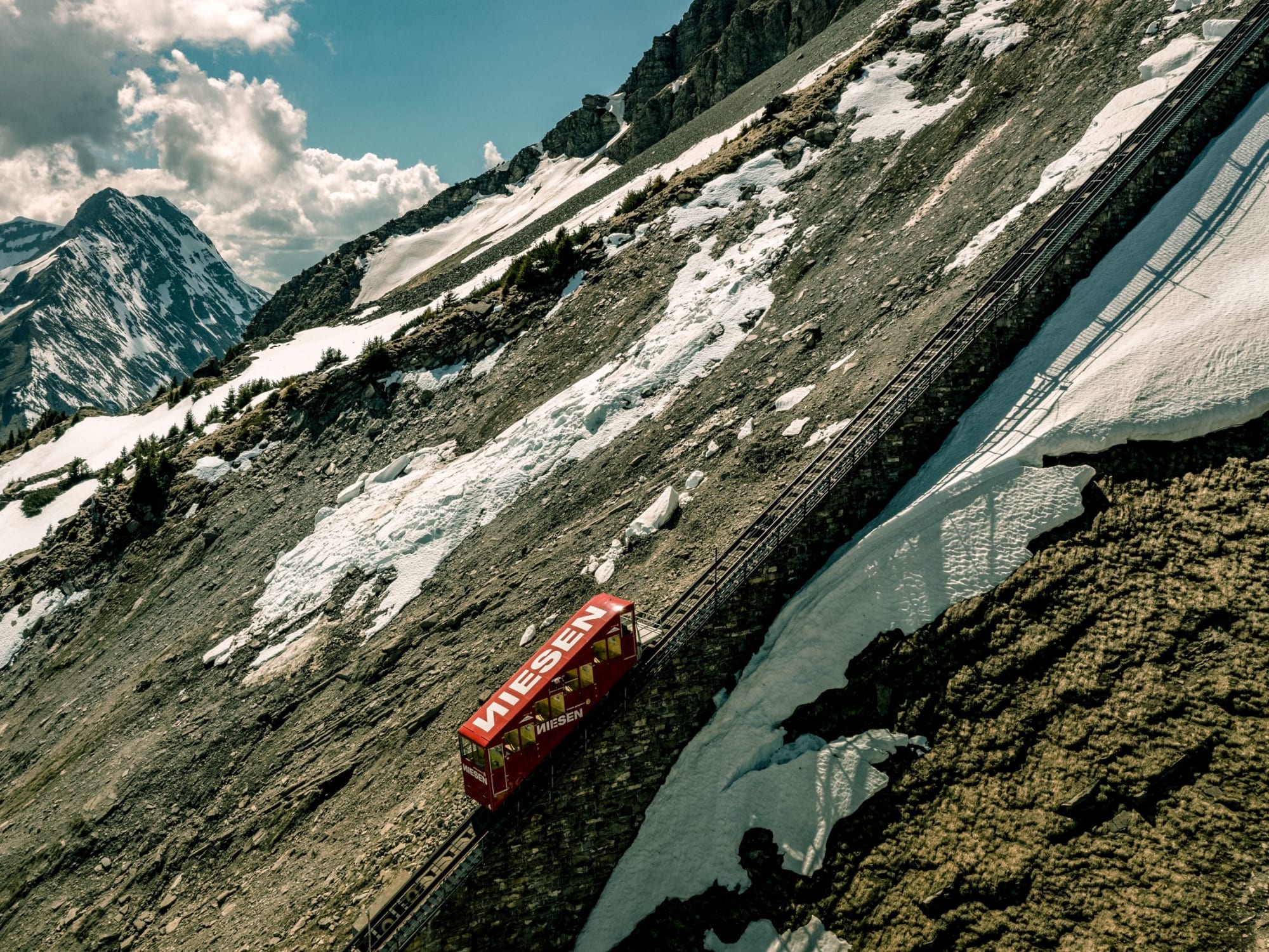 Vogelperspektive auf die Niesenbahn auf ihrer Fahrt auf den Niesen