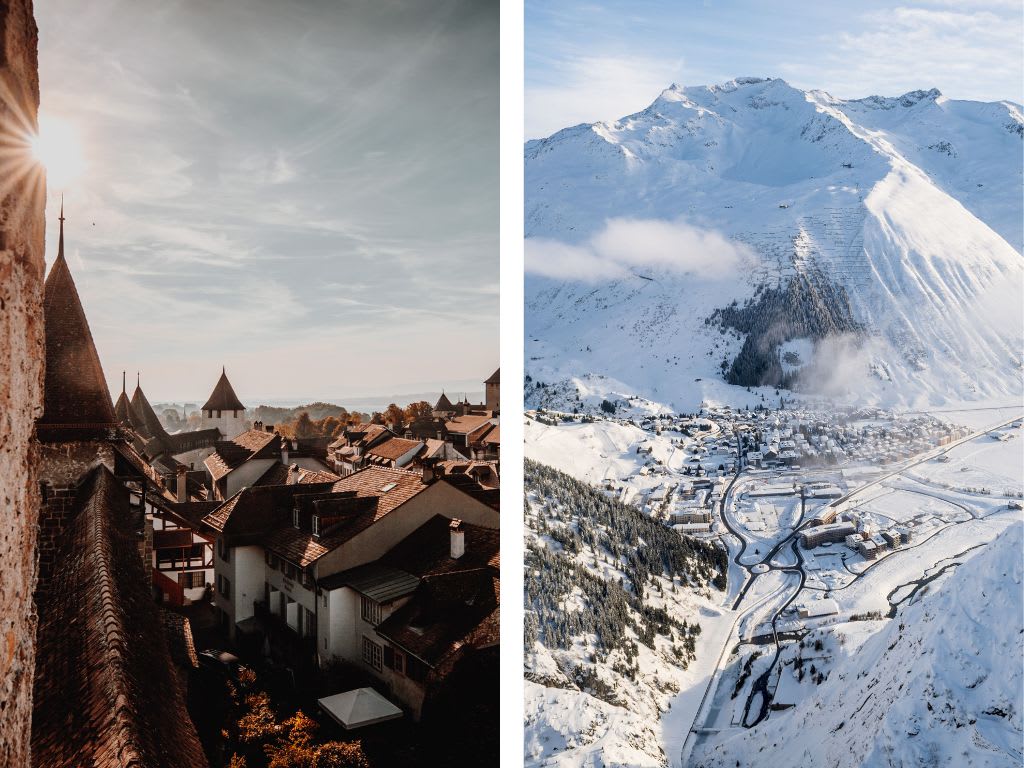 Zweigeteiltes Bild mit links Blick über die Dächern von Murten und rechts Blick auf das verschneite Andermatt aus der Vogelperspektive