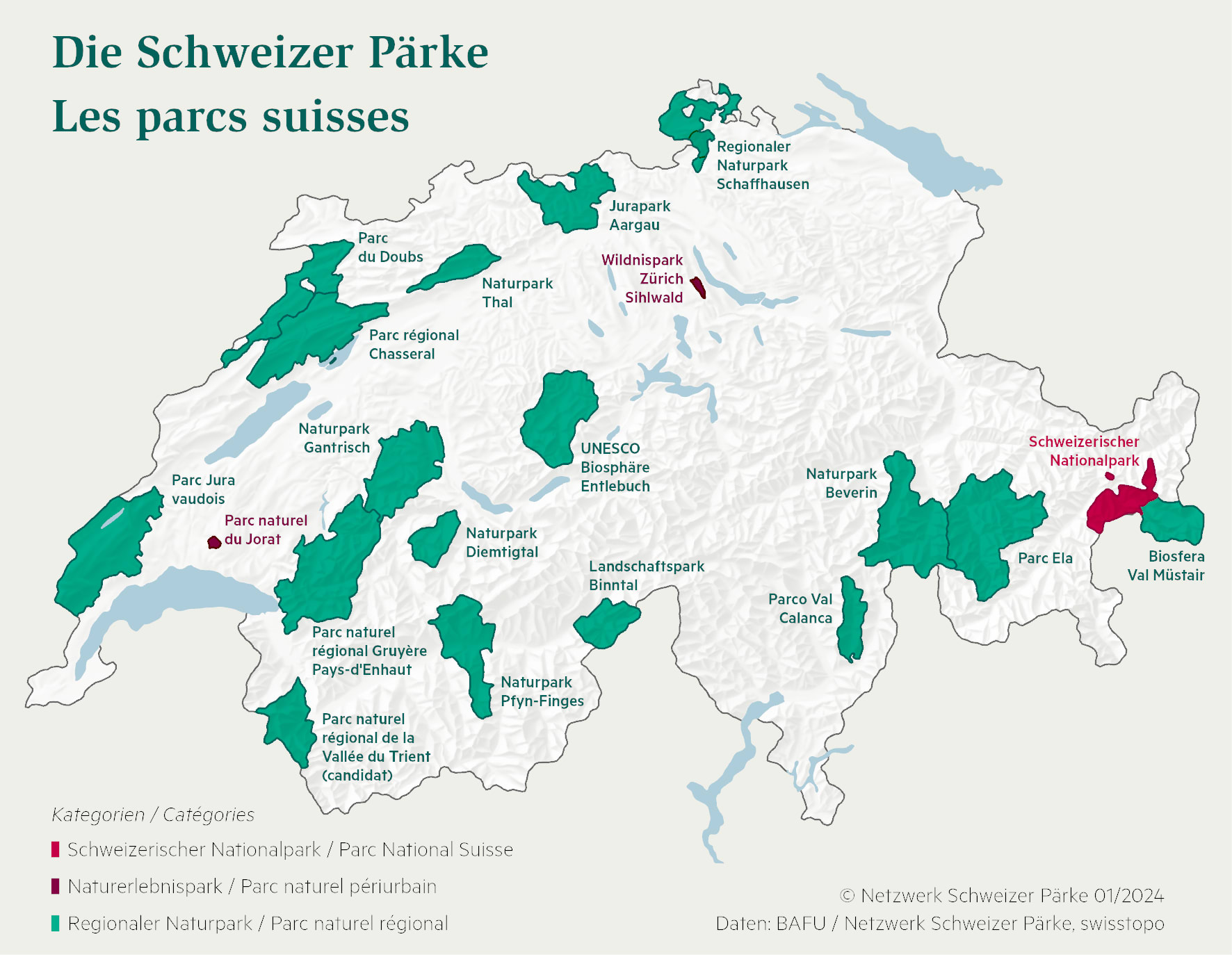 Schweizer Karte mit eingezeichneten Schweizer Pärken