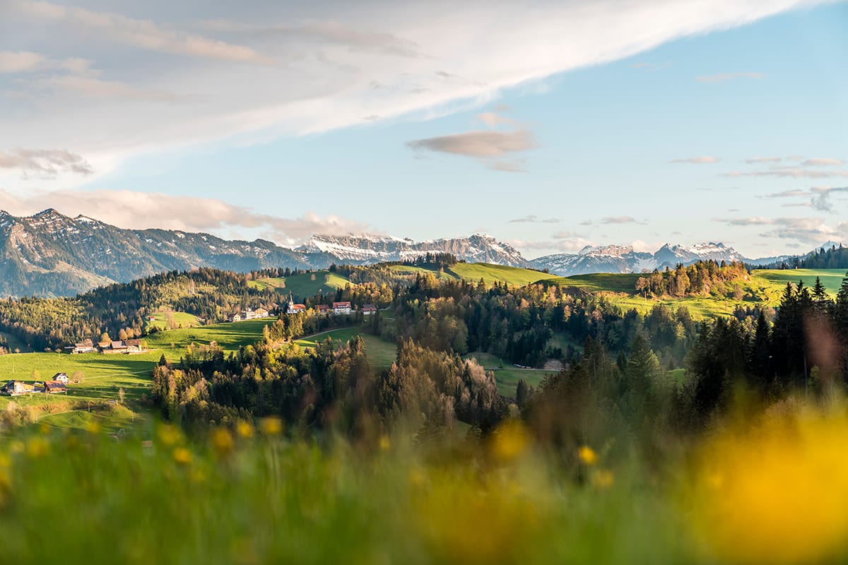 Grüne Hügellandschaft und in der Mitte ein kleines Dorf vor einem Bergpanorama