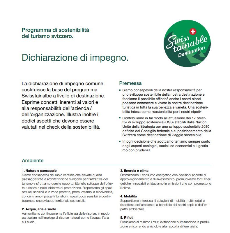 Dichiarazione di impegno Swisstainable Destination