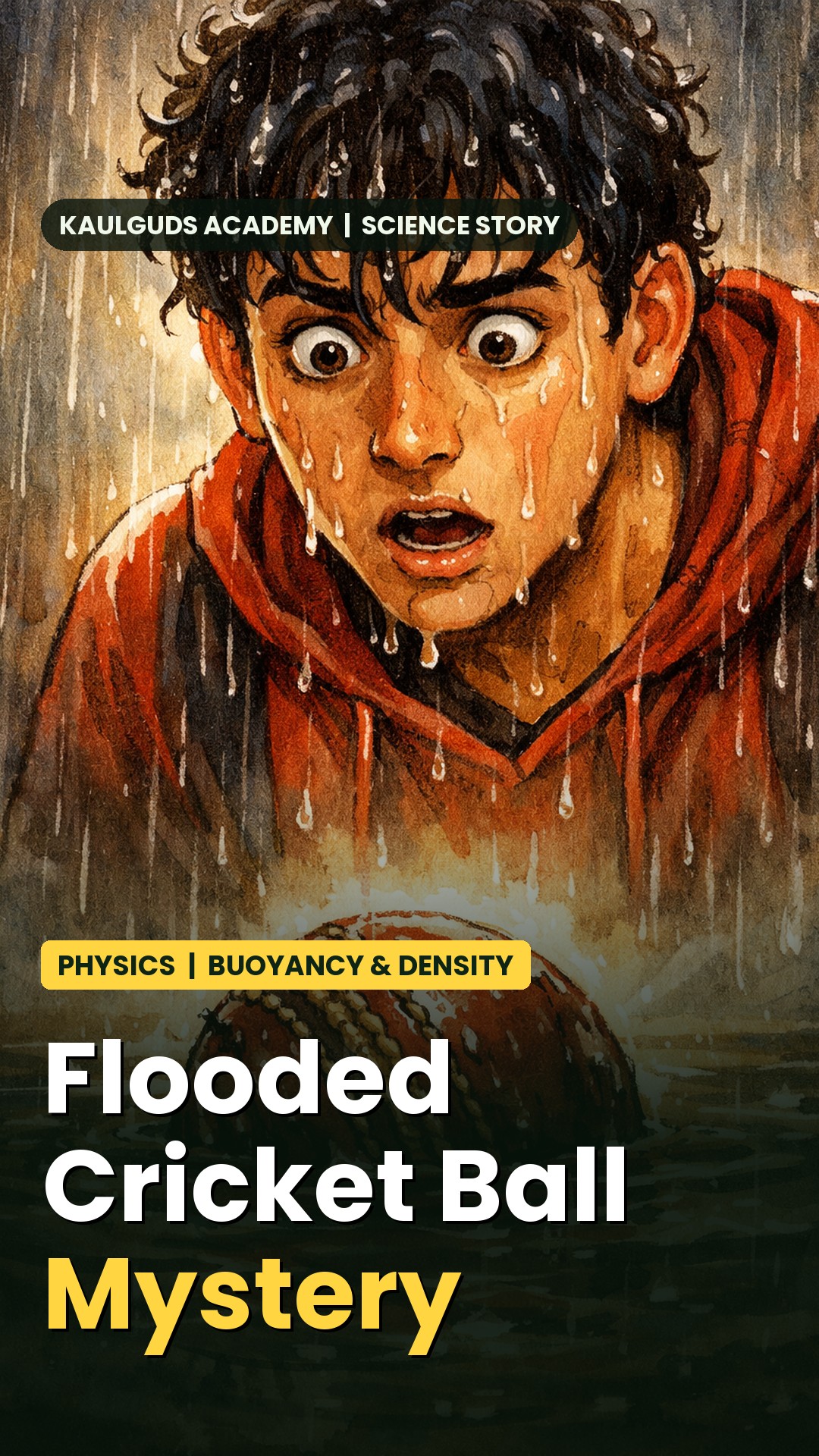 Why did Kabir’s cricket ball float at first and then suddenly sink in the floodwater?