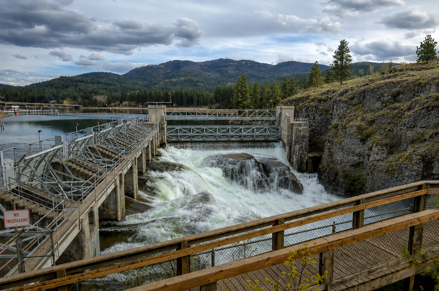 Post Falls, Idaho river and dam landscape