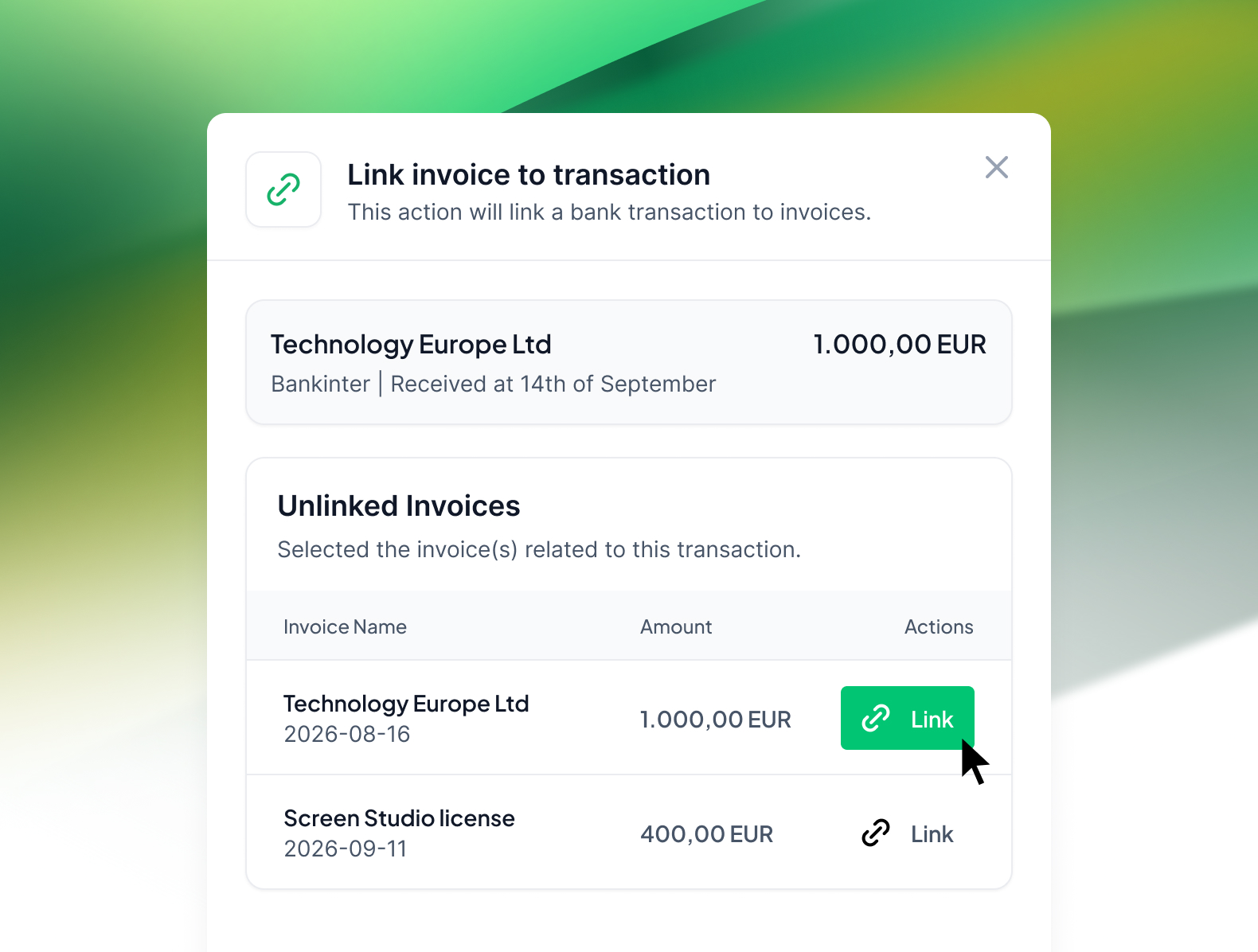Interface de ligação de transações com faturas correspondidas a movimentos bancários