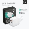 CELLONIC USB- og USB C-lader Dobbel USB til veggkontakt Strømadapter 20W PD Hurtiglading 2-port til iPhone, Samsung, iPad, Huawei, Switch, PSP, telefon, nettbrett - Hvit
