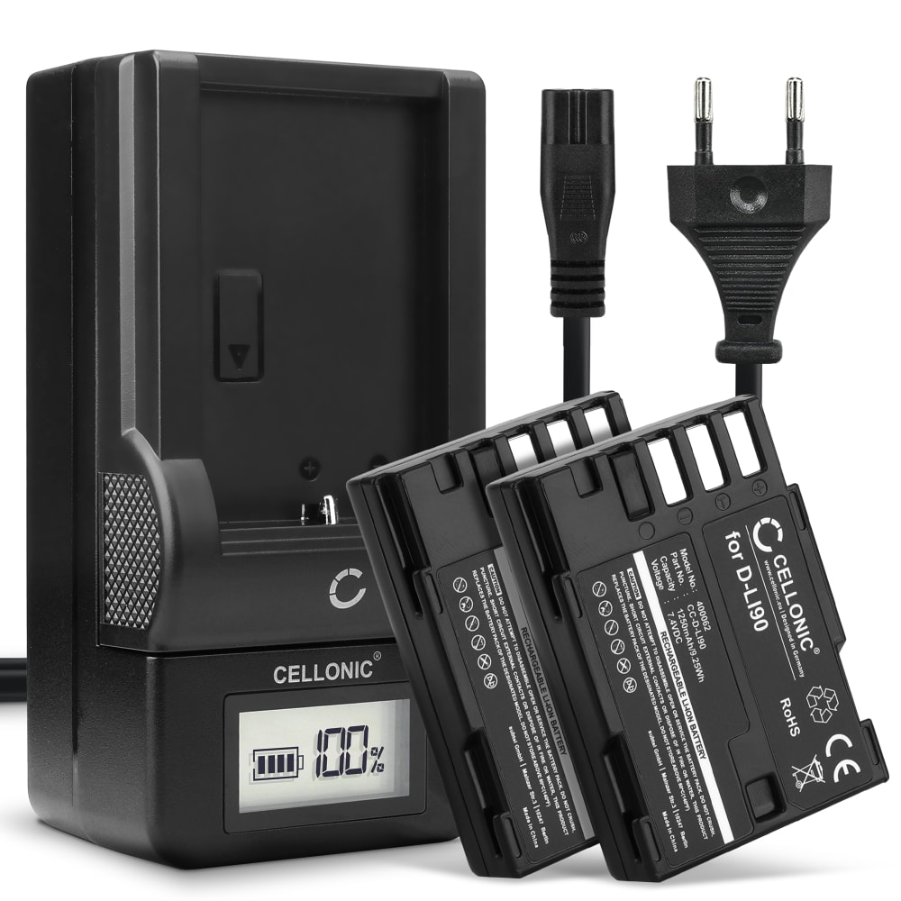 2x Batteri for Pentax 645D 645Z K-01 K-1 K-1 II K-3 K-3 II K-5 K-5 II K-5 IIs K-7 Kameraer 1250mAh + Lader fra CELLONIC