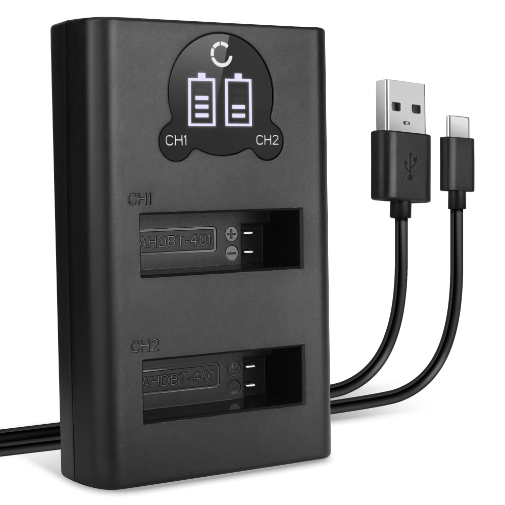 USB Dual Charger (AHDBT-401, 335-06532-000) for GoPro Hero4 Hero 4 Black Edition Hero 4 Silver Hero 4+ Hero 4 Plus + 1m + USB Cable from CELLONIC