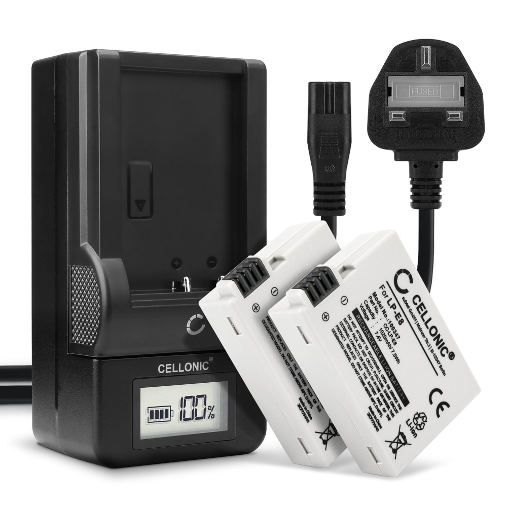2x Batteri for Canon 600D 700D EOS 650D 550D EOS Rebel T3i T5i T2i T4i EOS Kiss X5 X4 Kameraer 1020mAh + Lader fra CELLONIC