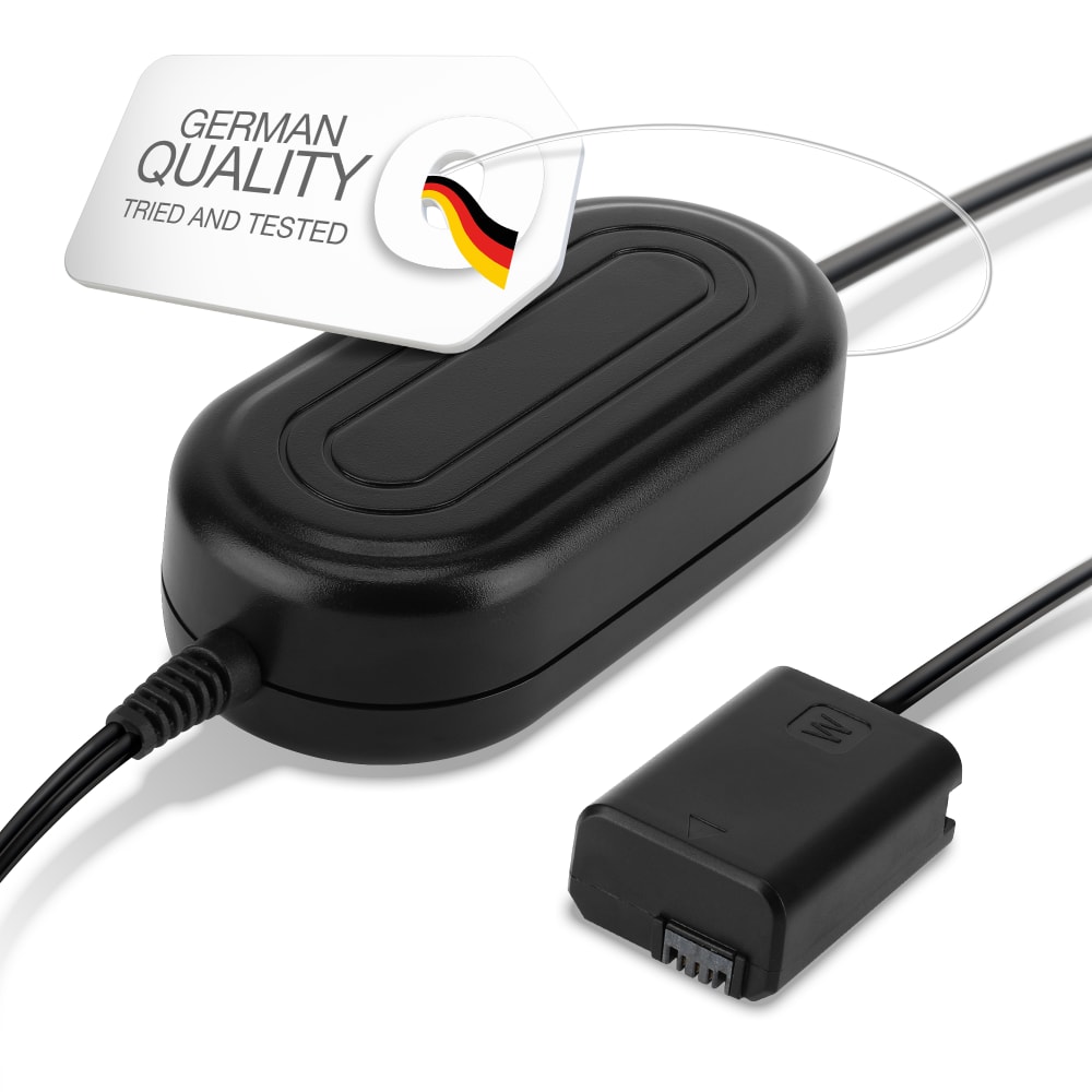 Strømforsyning for Sony Alpha 5100, 6000, 6300, 6400, 6500, Alpha 7 II, A7II, A7s, RX10 III, DSC-RX10 AC-adapter NP-FW50 DC-kobling – Dummy-batteri – Batterieliminator fra subtel