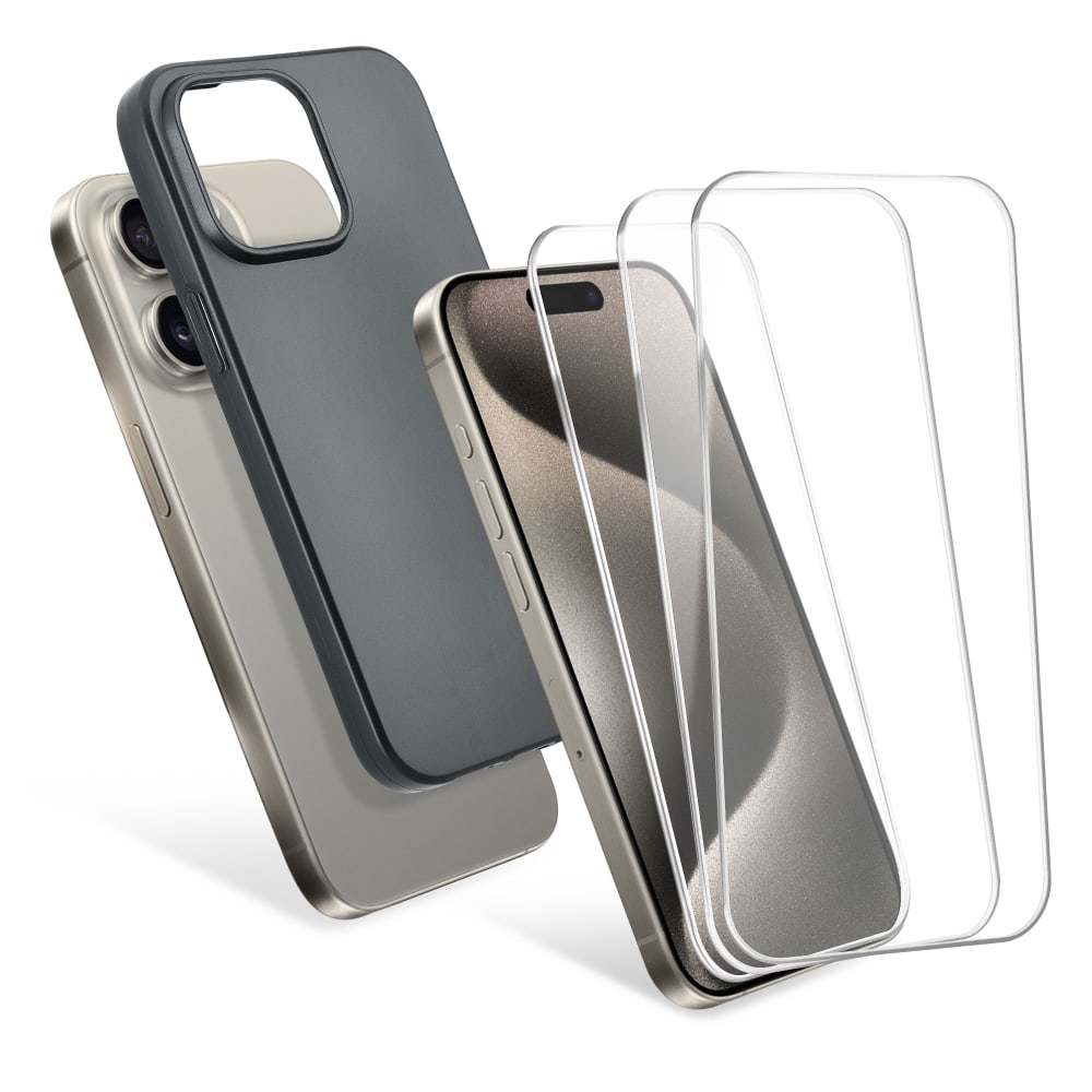 CELLONIC iPhone 15 Pro deksel og 3x skjermbeskytter sett – 6,1
