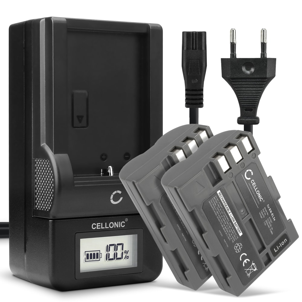 2x Batteri for Nikon D80 D90 D900 D100 D200 D300 D300S D50 D70 D700 D70s Kameraer 2000mAh + Lader fra CELLONIC