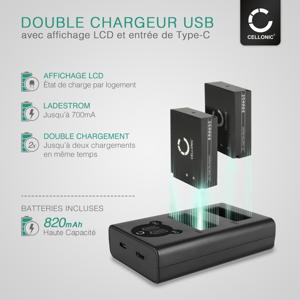 Kit 2 Batteries + Chargeur Double Pour Canon EOS 100D, M10, SX70 HS... - Compatible LP-E12 - 7.4V 820mAh - 6