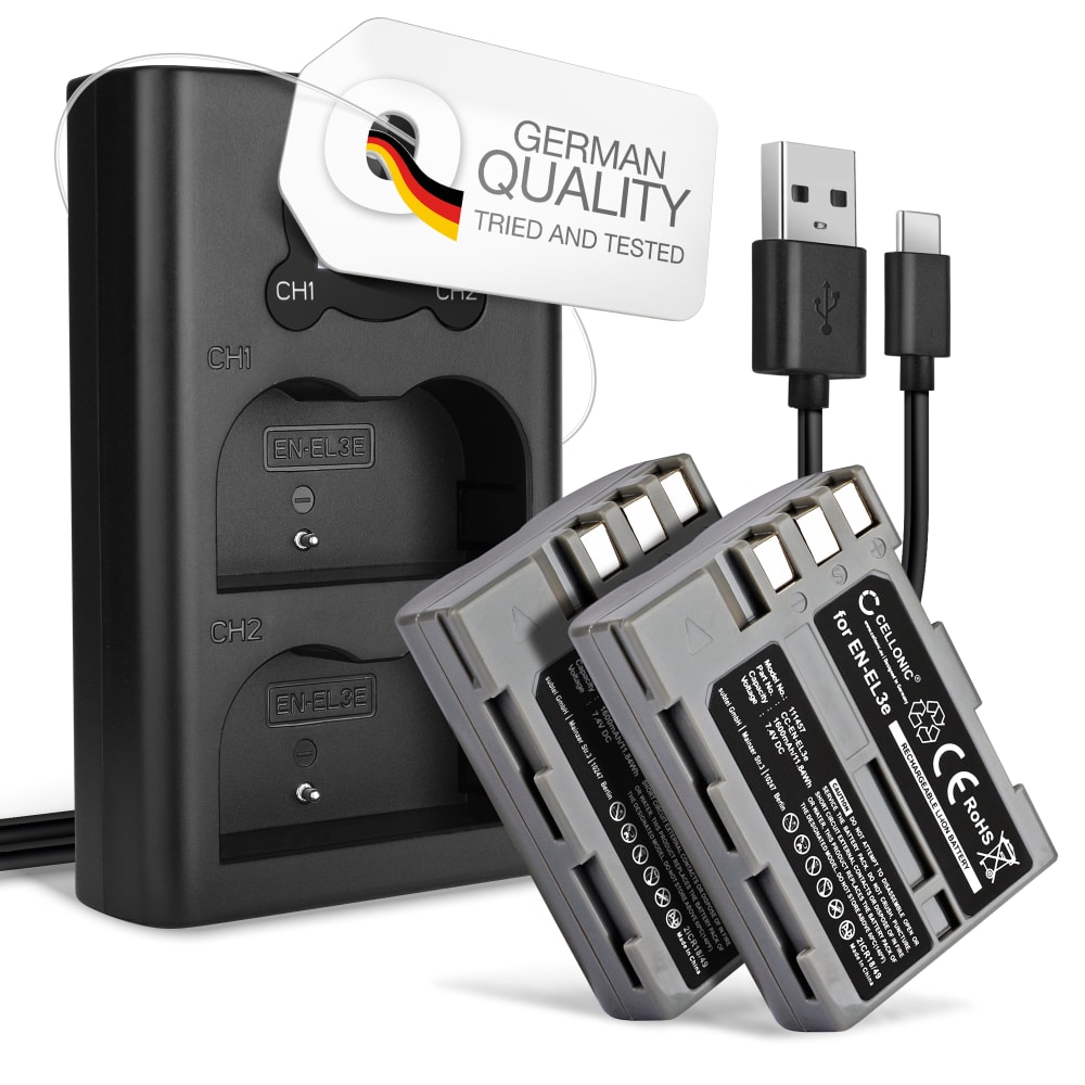2x Batteri for Nikon D700 D70s D80 D90 D900 D100 D200 D300 D300S D50 D70 kamera - Reservebatteri EN-EL3e EN-EL3a EN-EL3 1600mAh + USB Dobbel Batterilader MH-18a, Kamerabatteri Lader