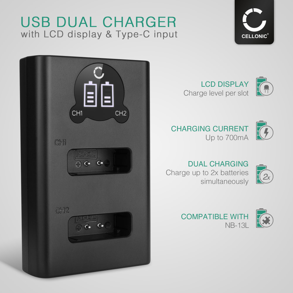 Chargeur Double USB Hisewen NB-13L Pour Canon PowerShot G7X Mark II Et Plus - Noir