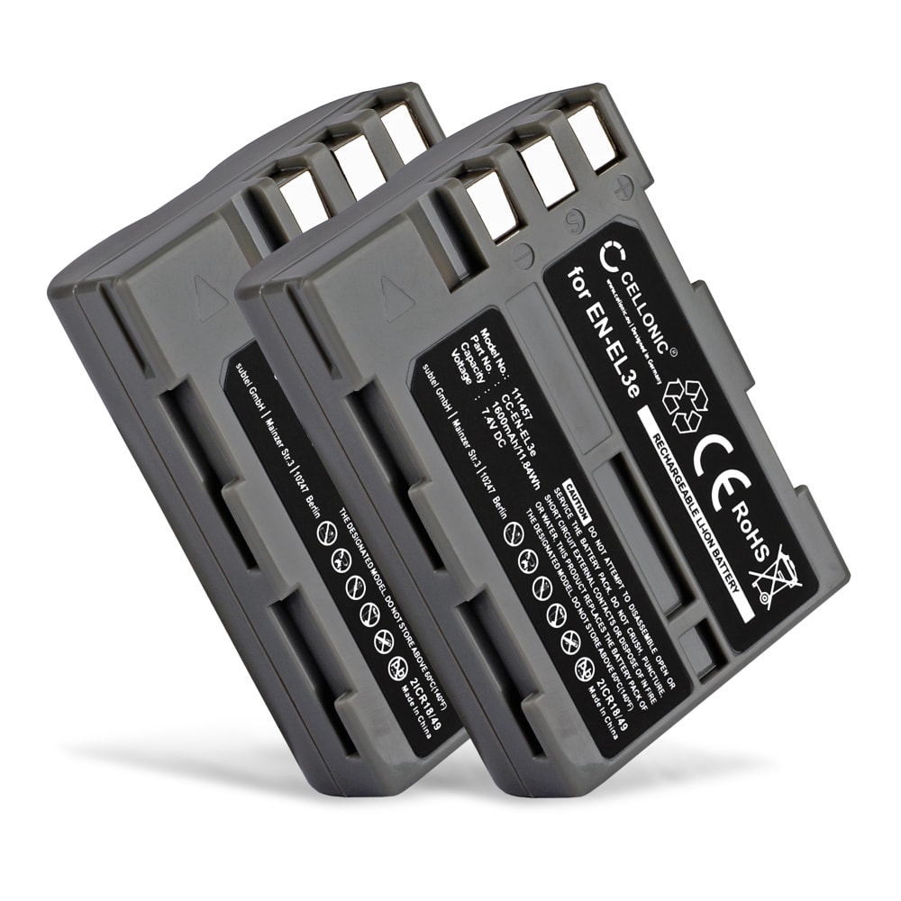 2x Batteri for Nikon D50 D70s D80 D90 D200 D300 D300S - EN-EL3 EN-EL3e 1600mAh Reservebatteri