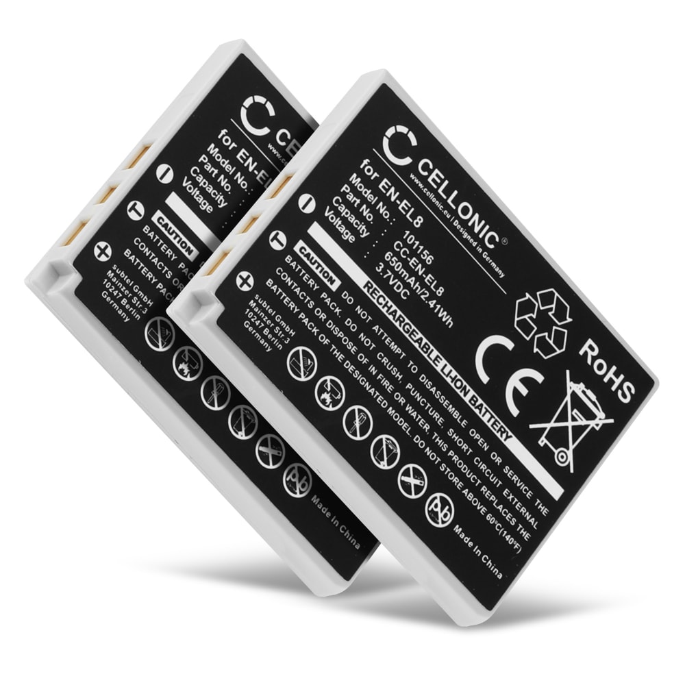 2x EN-EL8 Batteri för Nikon Coolpix P1 P2 Coolpix S1 S2 S3 S5 s50 S50c S51 S51c S52 S52c S6 S7 S7c S8 S9, 650mAh Kamera-ersättningsbatteri med lång batteritid