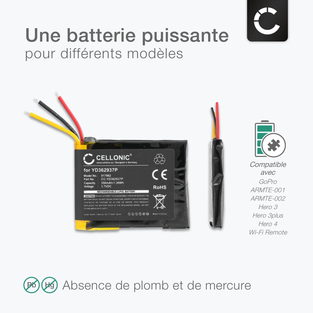 Batteria Vhbw 350mah Peril Controllo Remoto, Scatto A Distanza Gopro Wi Fi Remote Armte 001 Come Yd362937p 4251004609461 - Foto 7