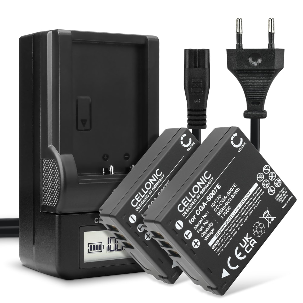 2x Batteri for Panasonic Lumix TZ5 TZ3 TZ1 TZ4 TZ2 TZ50, CGAS007 DEA45 DMWBCD10 Kameraer 900mAh + Lader fra CELLONIC