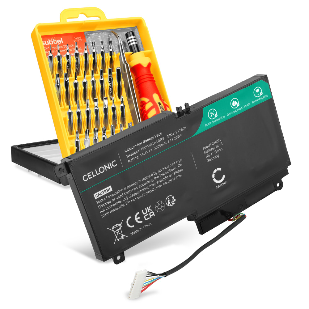 Batteri for Toshiba Satellite L50-A, L55-A, L50T-A, P50-A, L50DT-A, S50-A, P50-B, S50DT-A, S50T-A, L50D-A, PA5107U-1BRS, P000573230 3000mAh 14.4V + Verktøy fra CELLONIC