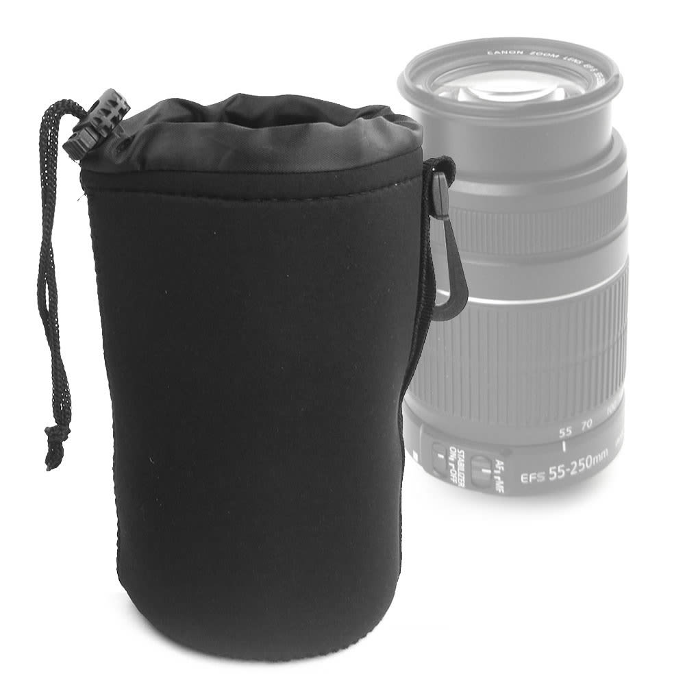 Camera Lens Pouch - 16cm x 10cm (L) Padded Drawstring Lens Case for Canon, Sony, Nikon Camera / DSLR Lenses - Waterproof Neoprene Travel Lens Protector Storage Bag - Black