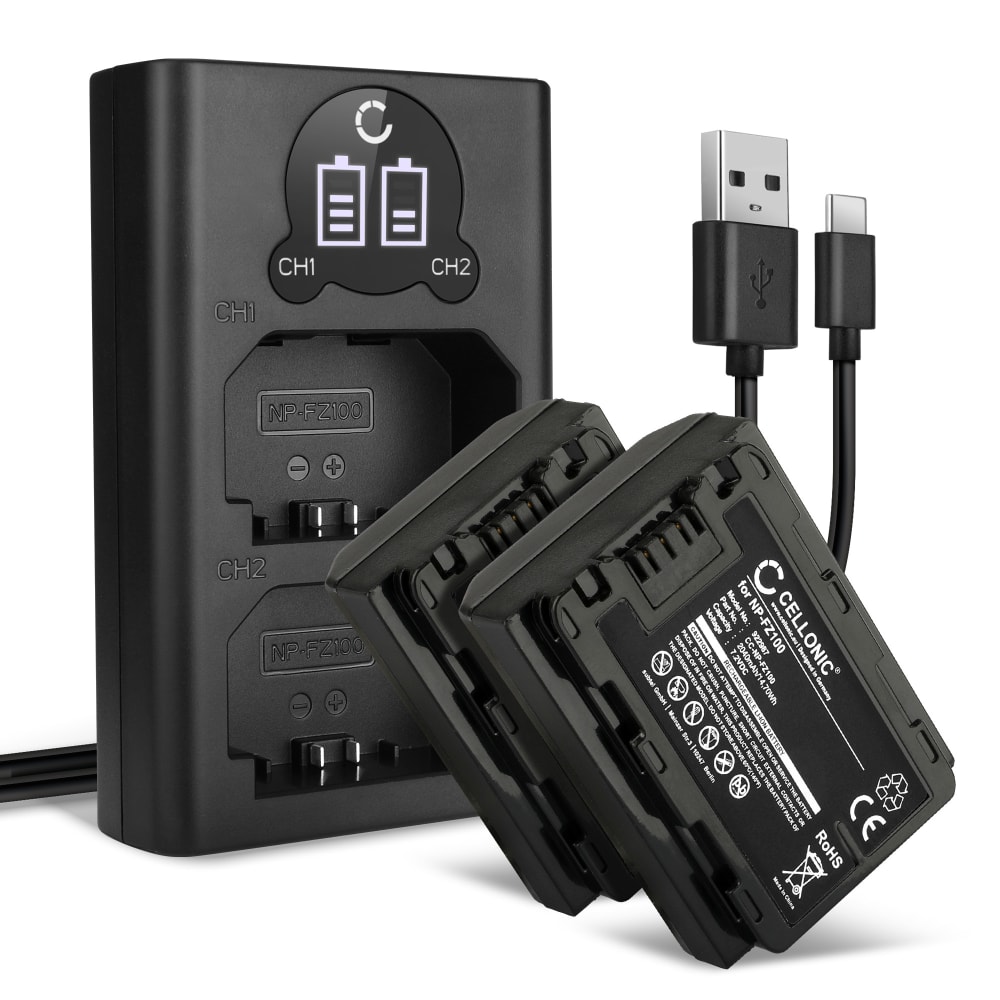 2x Batteri for Sony A7 IV, A7C, A6700, A6600, A7S III, Alpha 1, A9, Alpha 7R III, 7R V Kameraer 2040mAh + Dobbel Lader fra CELLONIC