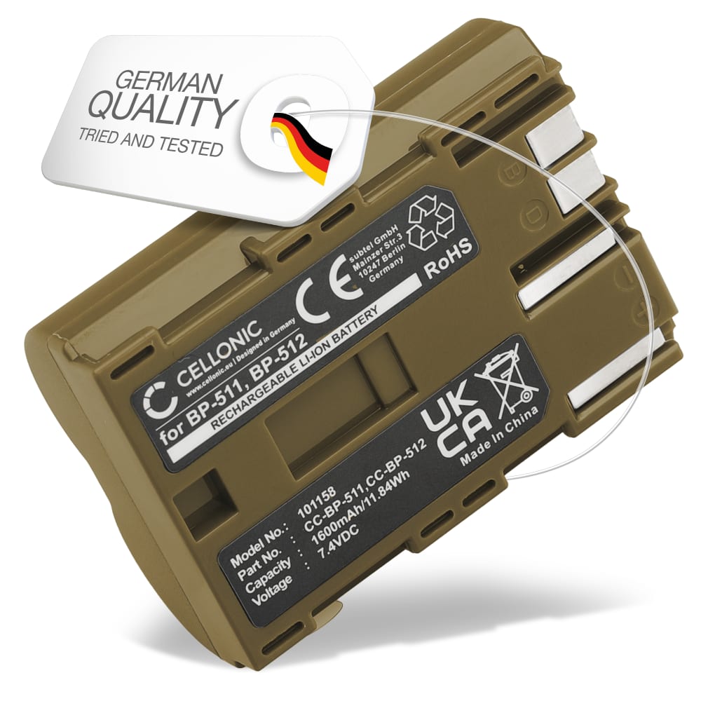 Batteri for Canon EOS 5D 50D D60 40D 300V 300D 30D 20Da 20D 10D PowerShot G5 G6 G1 G3 G2 Pro1 ZR80 BP-511 Kameraer 1600mAh fra CELLONIC
