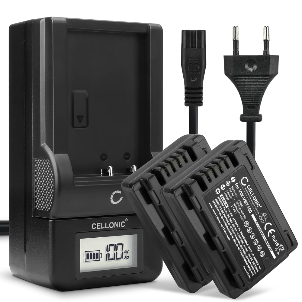 2x Batteri for Panasonic HC-V110, HC-V130, HC-V201 VW-VBY100 (850mAh, 3.7V) + Lader fra CELLONIC