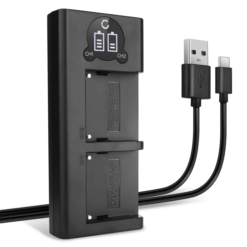 USB dobbel lader (NP-F970 -F550 -F750 -F330) for Sony HXR-NX100 Z Cam E2 Sony HXR-MC2500 NEX-FS700R NEX-FS700RH HVR-Z1 HVR-V1 + 1m + USB Kabel fra CELLONIC