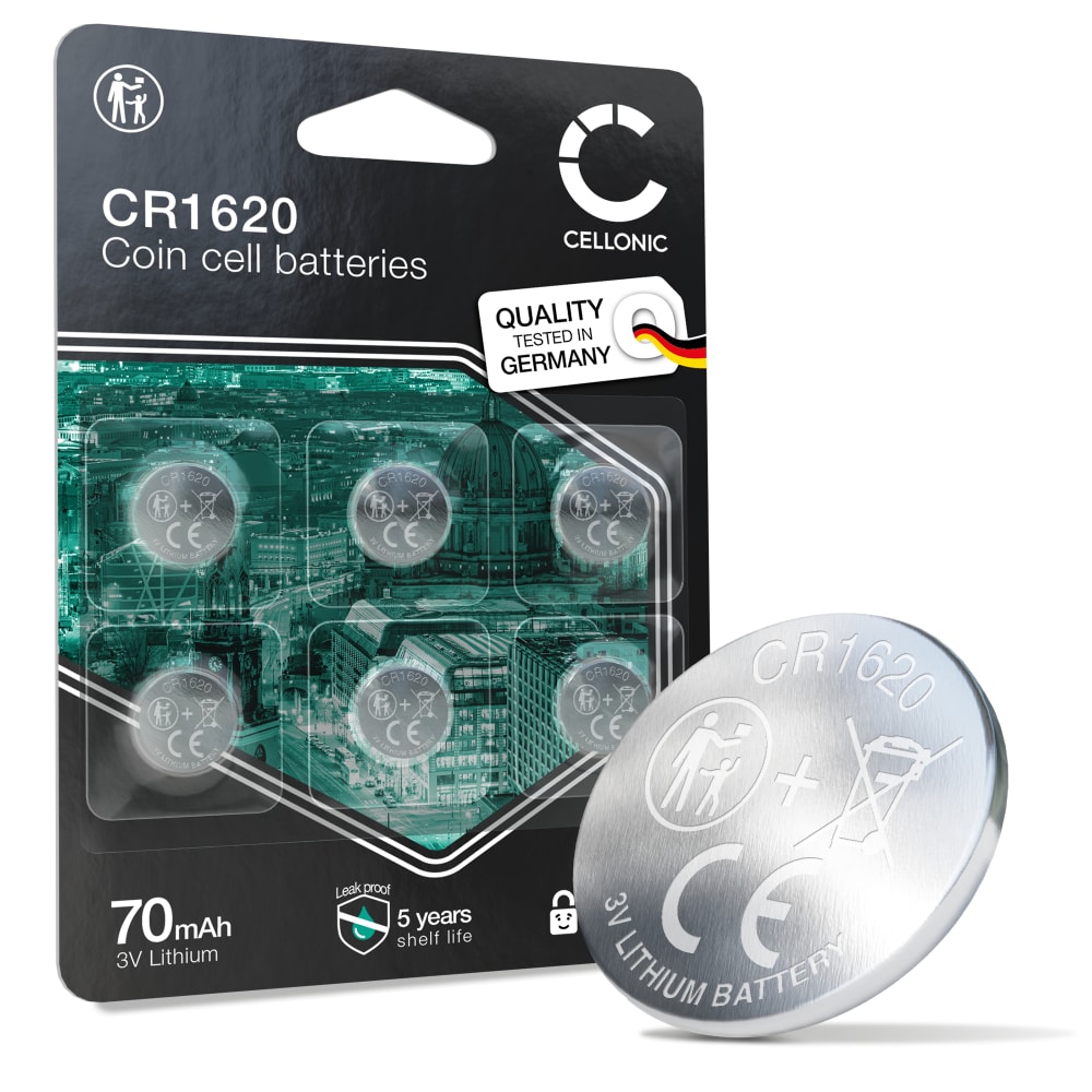 CELLONIC CR1620 Knappecellebatterier (Lithium, 70mAh, 3V) til Bilnøkler, Klokker, Blodsukkermålere – x6-Pakke