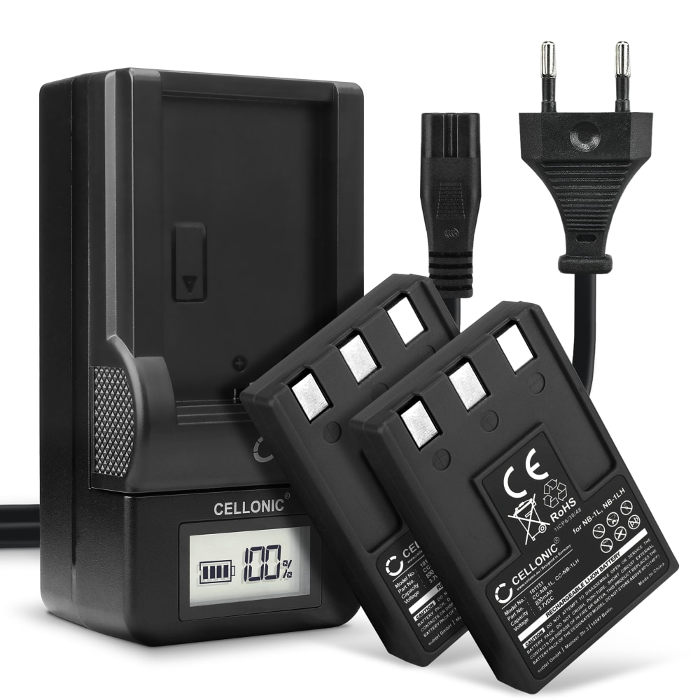 2x Batteri for Canon Digital IXUS 300 330 400 430 500 IXUS V V2 V3 S100 NB1L CB2LS Kameraer 830mAh + Lader fra CELLONIC