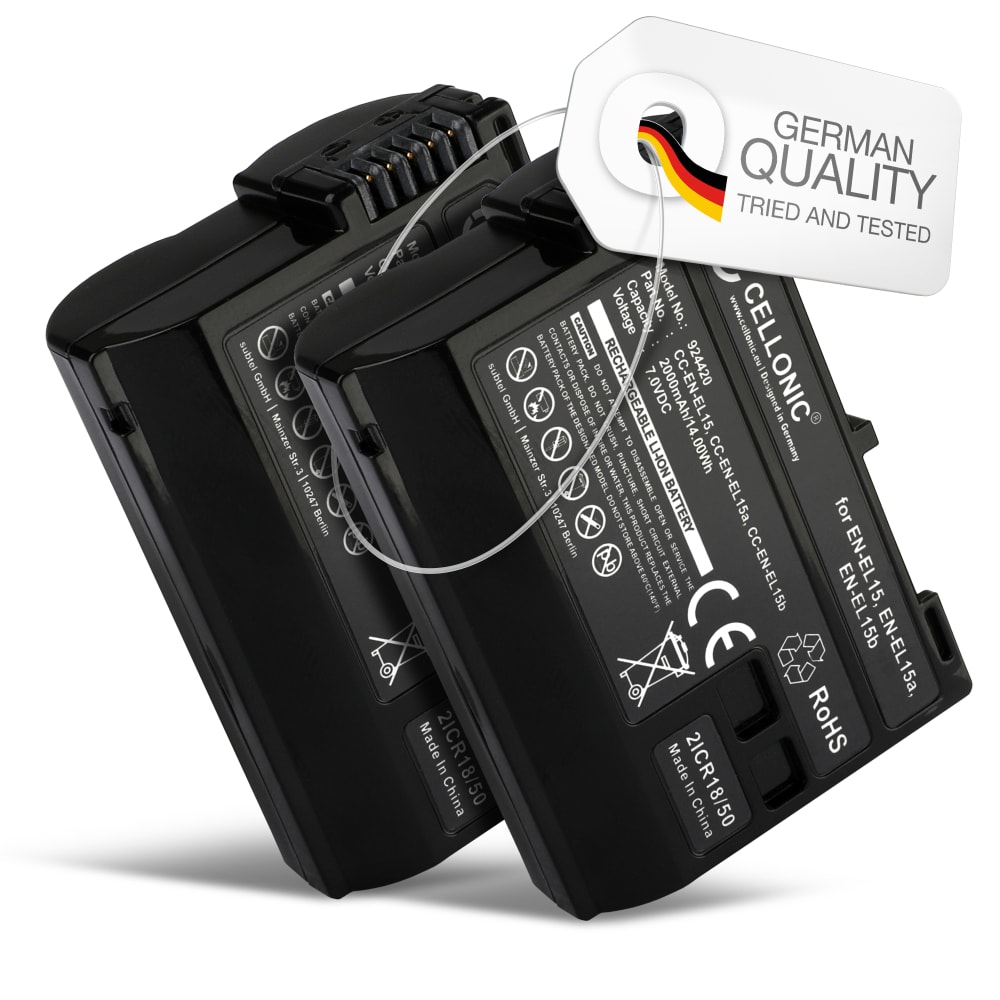 2x Batteri for Nikon D850, D750, D7500, 1 V1, D810, D800, D7100, D7000, Z 6II, D610, D600, EN-EL15 Kameraer 2000mAh fra CELLONIC