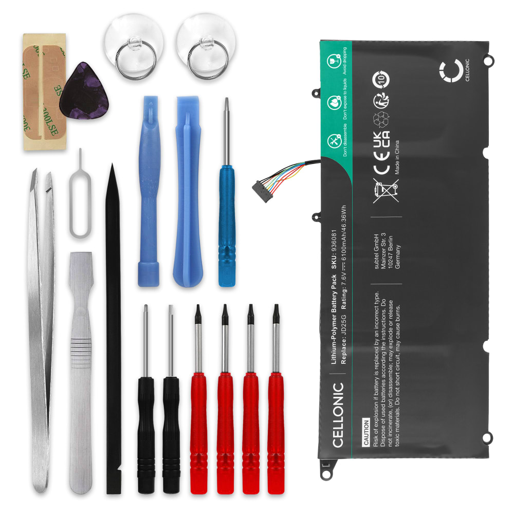 Batteri for Dell XPS 13 9350, XPS 13 9343, XPS 13D-9343 + Werkzeug-Set 6100mAh 7.6V + Verktøy fra CELLONIC
