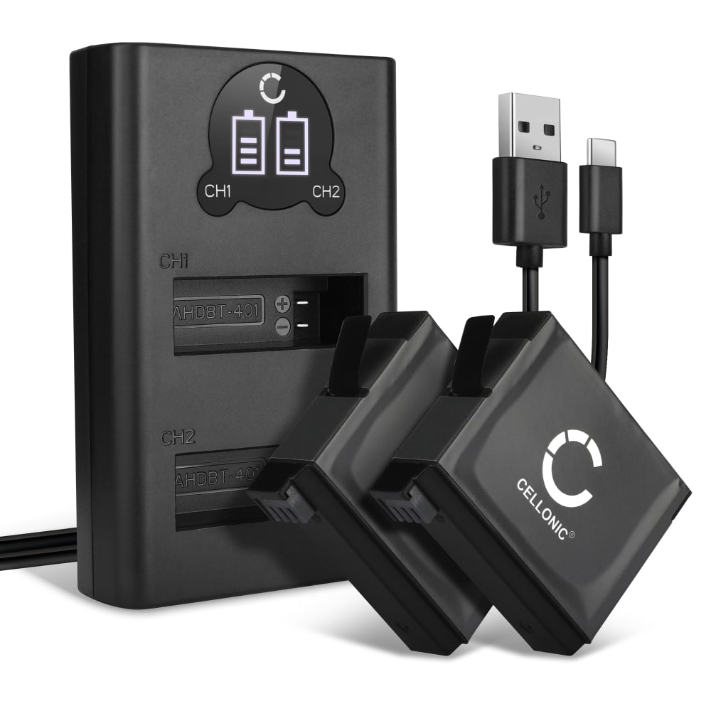 2x CELLONIC Camera Battery for GoPro Hero 4 Hero 4 Black Hero 4 Plus Hero 4 Silver Replacement AHDBT-401 335-06532-000 Battery 1160mAh Backup + Dual Charger