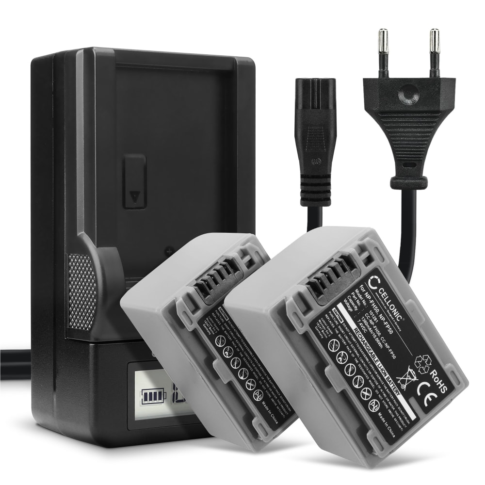 2x Batteri for Sony DCR-HC28 HC21 HC23 HC26 HC32 HC36 HC40 HC96 HDR-HC3 DCR-DVD105 DCR-SR100 Kameraer 1360mAh + Lader fra CELLONIC