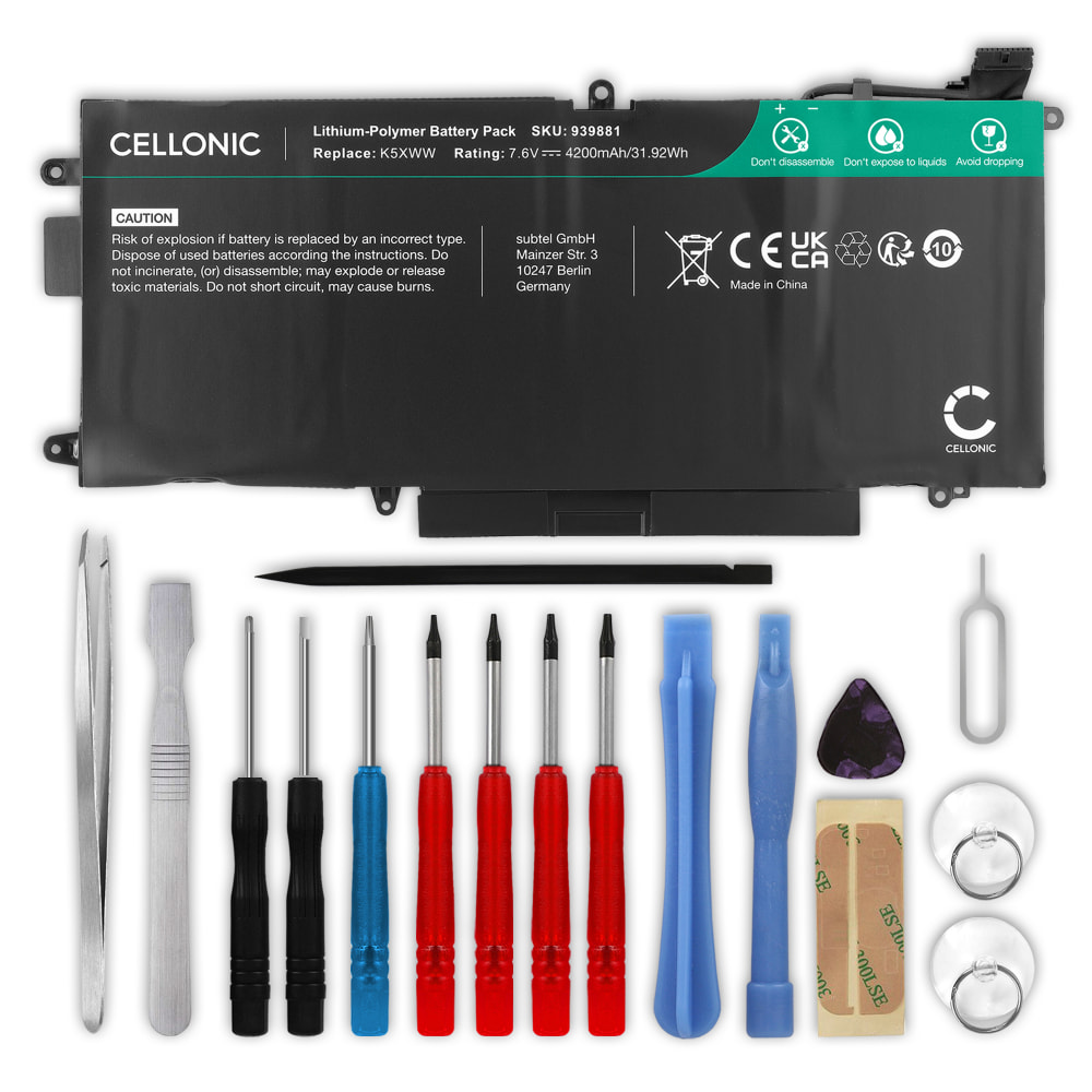 Batteri for kompatibel mit Dell Latitude 7389, 12, K5XWW 4200mAh 7.6V + Verktøy fra CELLONIC