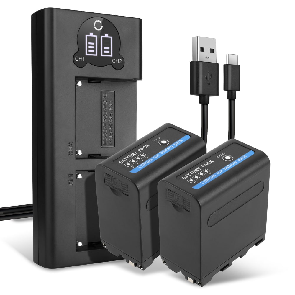 2x Ersättningsbatteri med 2.4A USB-Output för Sony camcorder / kamera med hög kapacitet om hela 10200mAh - inkl. dubbelladdare med USB-uttag för uppladdningsbara kamerabatteri