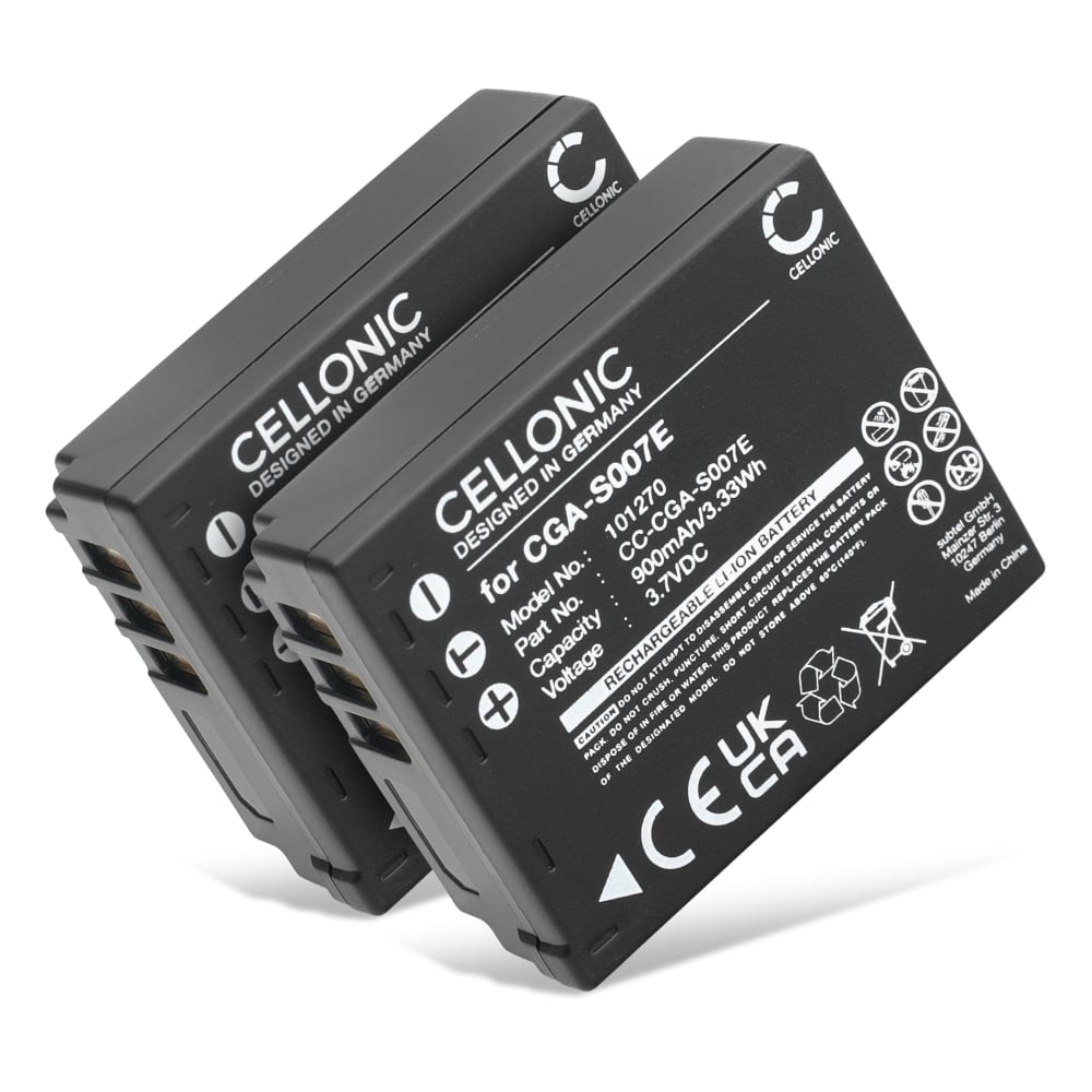2x Batteri for Panasonic Lumix TZ3 TZ5 TZ1 TZ4 TZ2 TZ15 TZ11, CGAS007 DMWBCD10 Kameraer 900mAh fra CELLONIC