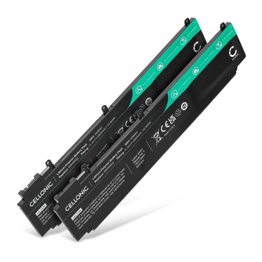 2x Batteri for Lenovo ThinkPad T460s, T470s, Lenovo 00HW022, 00HW023, SB10F46461 2000mAh 11.4V fra CELLONIC