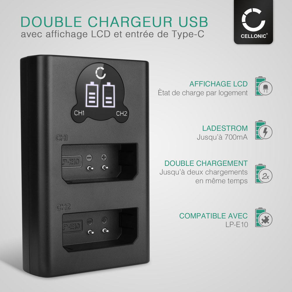 Chargeur USB double LPE10 pour Canon EOS 1100D, 1200D, 1300D