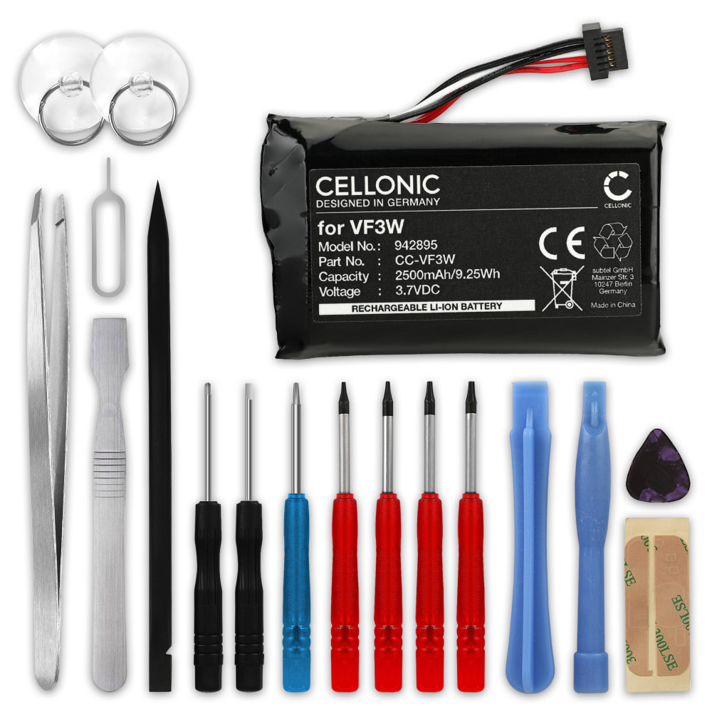 Batteri til TomTom Rider 550, 500, 450, 420, 410, 400, 42, 40, VF3W (2500mAh, 3.7v) + verktøy sett 17stk fra CELLONIC
