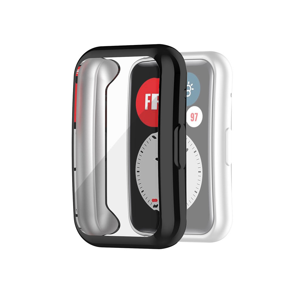 subtel® 2 in 1 Schutzhülle für Huawei Watch Fit Bumper Case + Display Schutzglas, 360° Vollschutz f. Gehäuse u. Touch Bildschirm, Hülle Displayschutz Protector, Transparent / schwarz