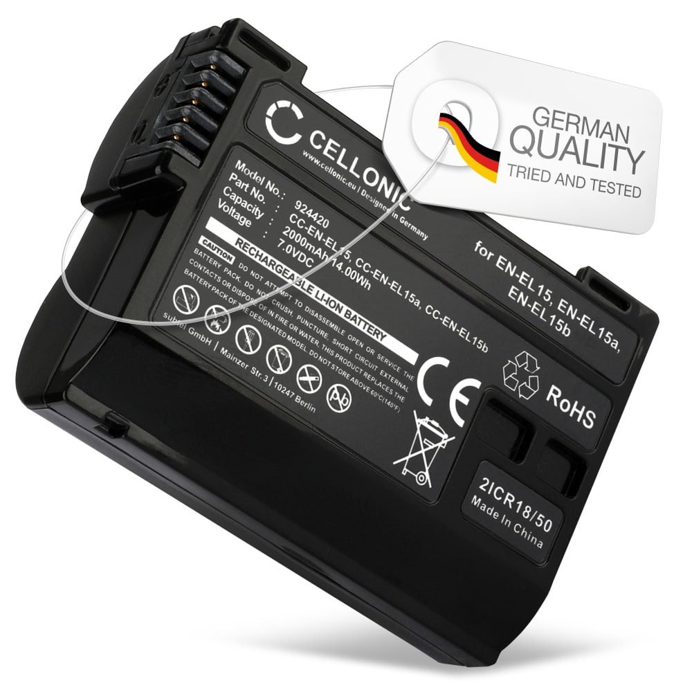 Batteri for Nikon D850, D750, ZR, 1 V1, D7500, D7200, D810, D800, D7000, D7100, Z6 II, D610, D600, D800E, Z 5, 6, 7II, 9, 6 II, Z7 II - EN-EL15 2000mAh reservebatteri