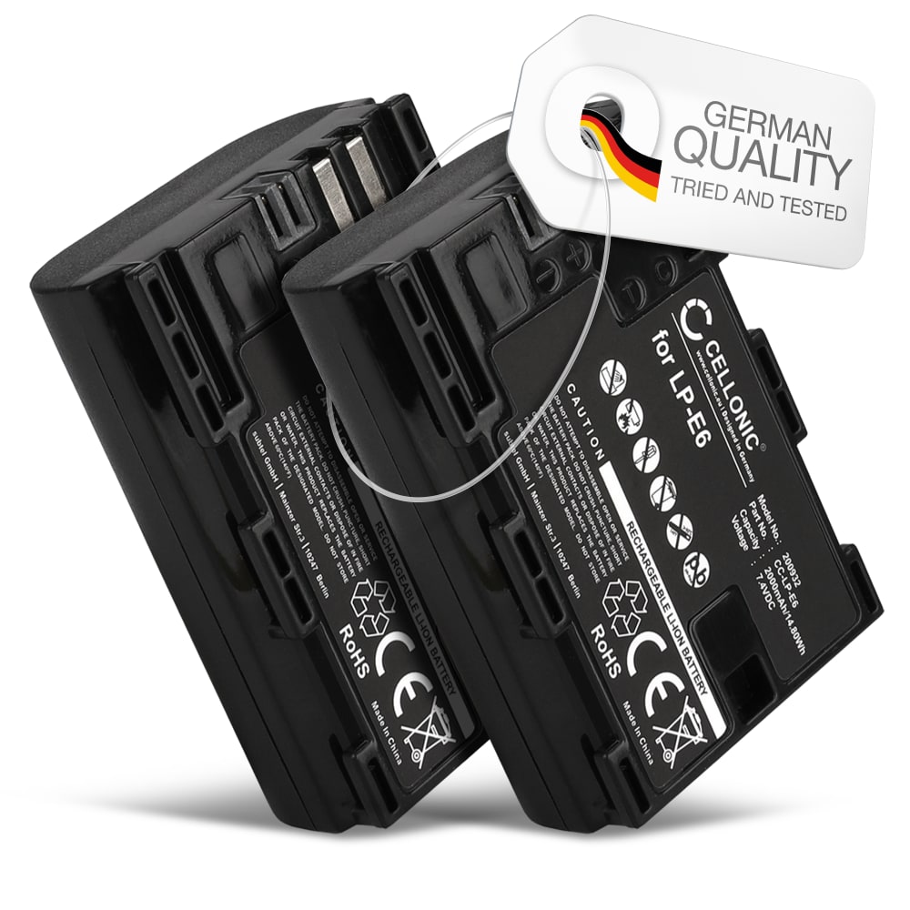 2x Batteri for Canon 70D, 80D, 7D, 60D, 6D, 5D Mark II, 5D Mark III, 5D Mark IV, LP-E6N Kameraer 2000mAh fra CELLONIC